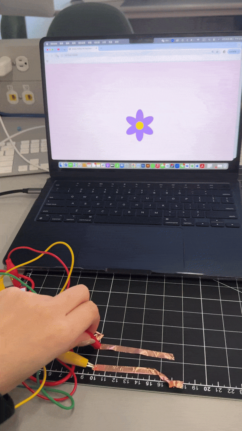 This scene captures a fully functional interactive system where touch on copper tape elements leads to immediate visual feedback on screen.